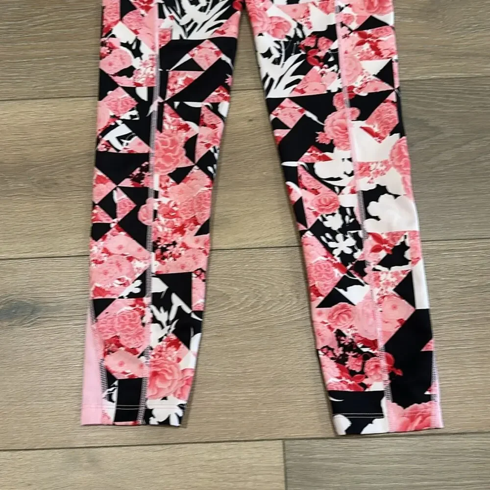NIKE Girls‎ Pink Black Dri-Fit Floral Abstract Printed Tight Fit Leggings Size L